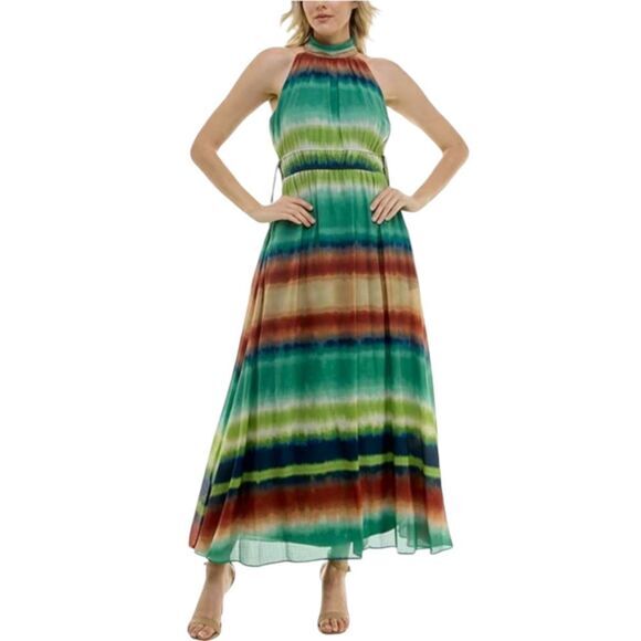 Taylor NWT Printed Chiffon Mock Neck Sleeveless Gathered Maxi Dress Rust Teal 6 - Picture 2 of 10